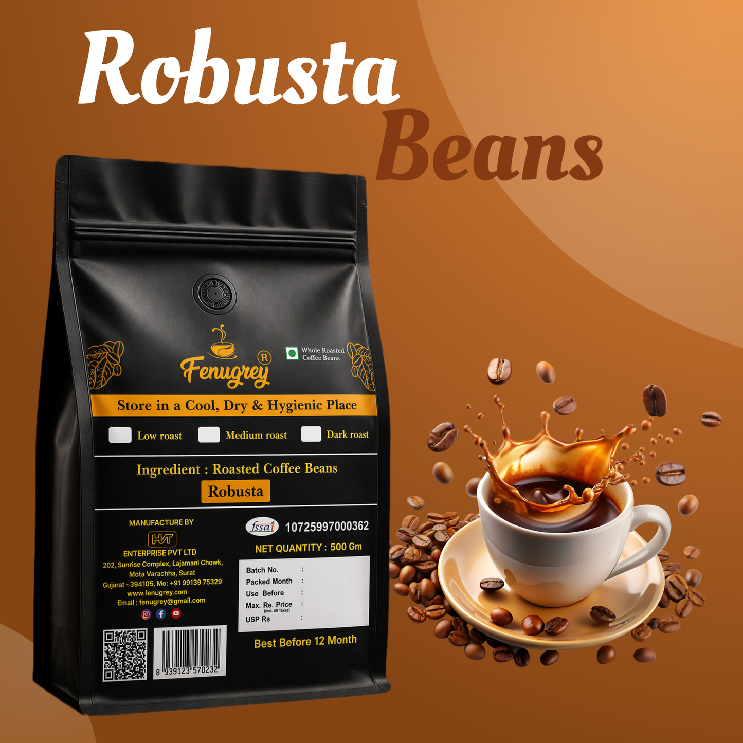 100% Robusta  AAA graded beans(500GM)